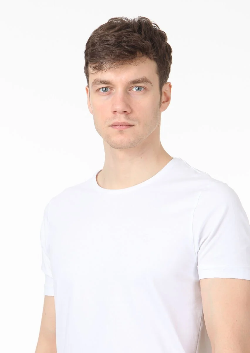 Beyaz Düz Pamuk Karışımlı T-Shirt - 2