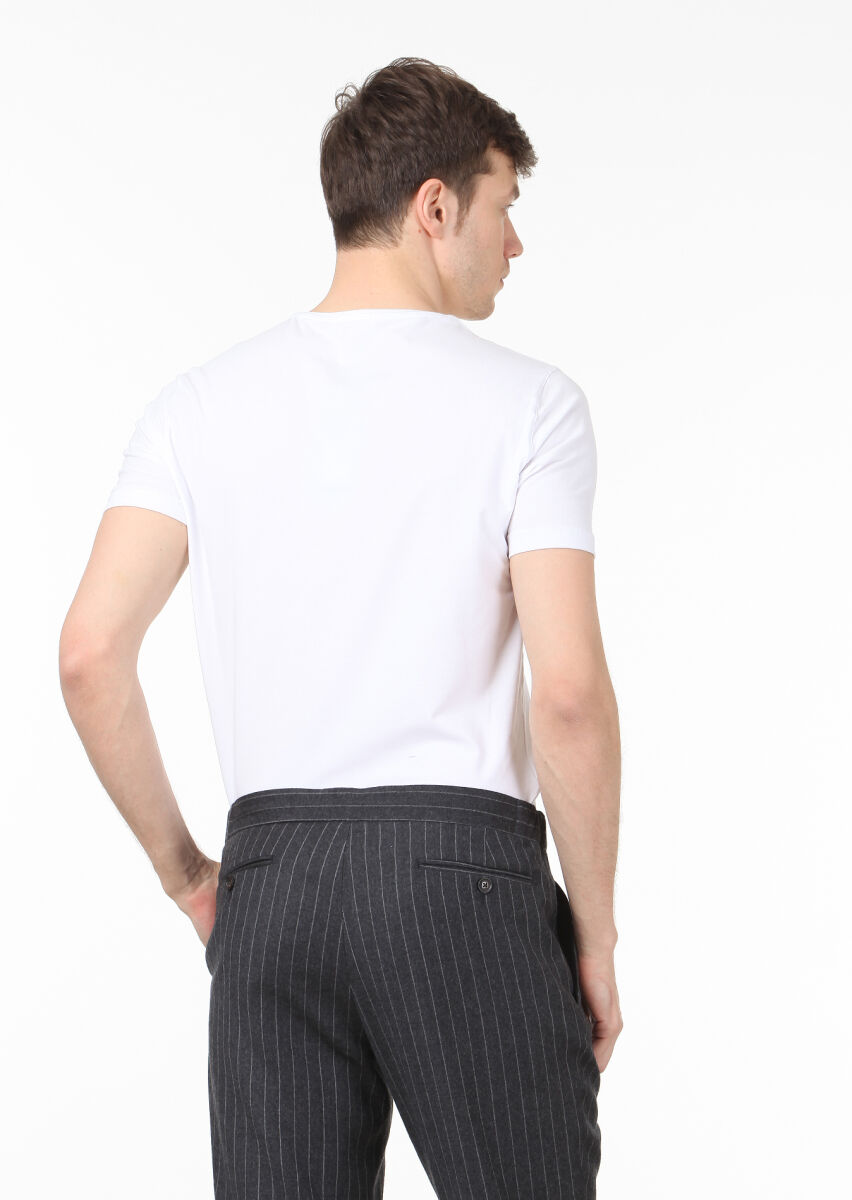 Beyaz Düz Pamuk Karışımlı T-Shirt - 4