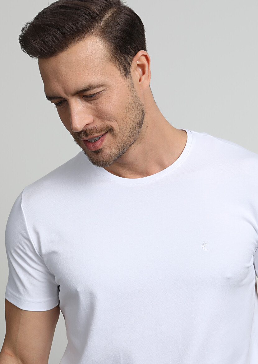 Beyaz Düz Pamuk Karışımlı T-Shirt 