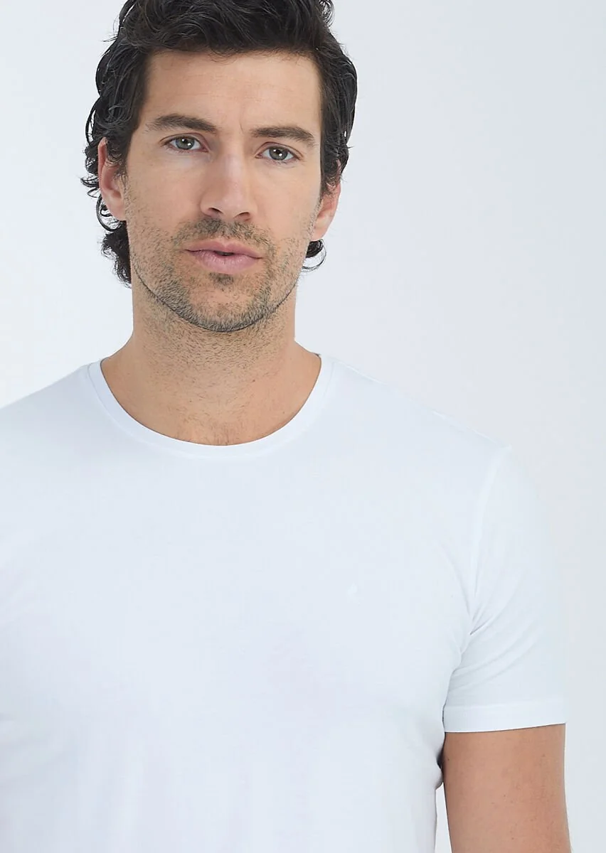 Beyaz Düz Pamuk Karışımlı T-Shirt - 3