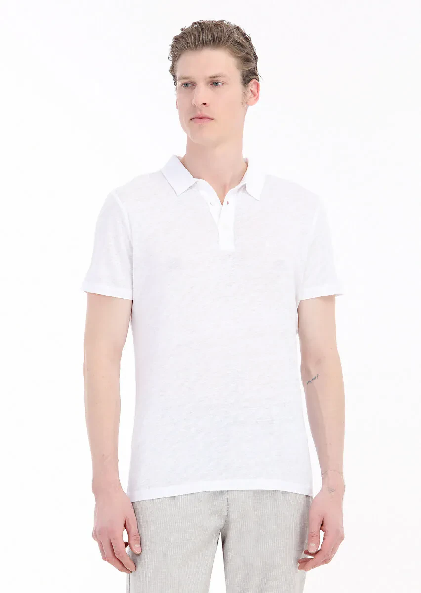 Beyaz Düz Polo Yaka %100 Keten T-Shirt - 2