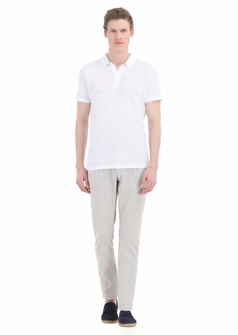 Beyaz Düz Polo Yaka %100 Keten T-Shirt - 1