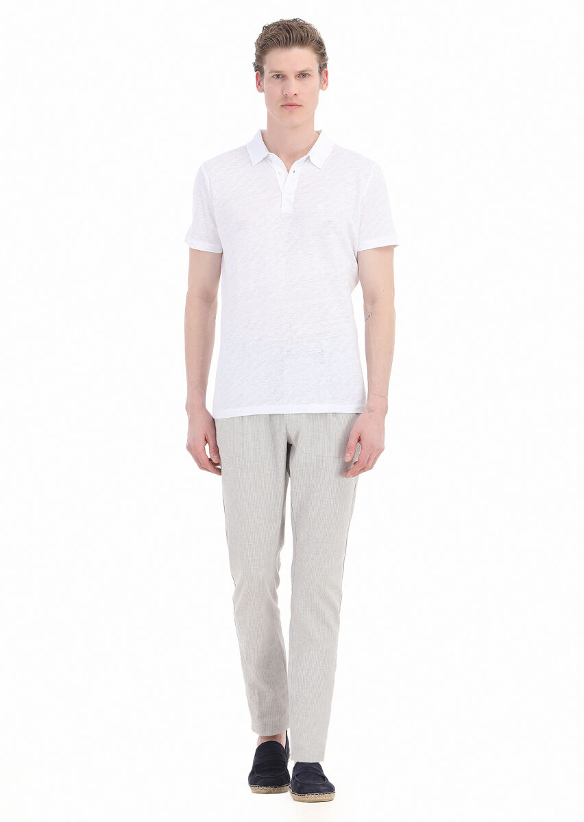 Beyaz Düz Polo Yaka %100 Keten T-Shirt - 1