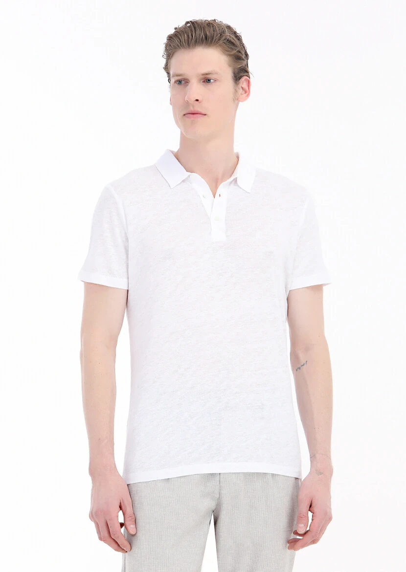 Beyaz Düz Polo Yaka %100 Keten T-Shirt 