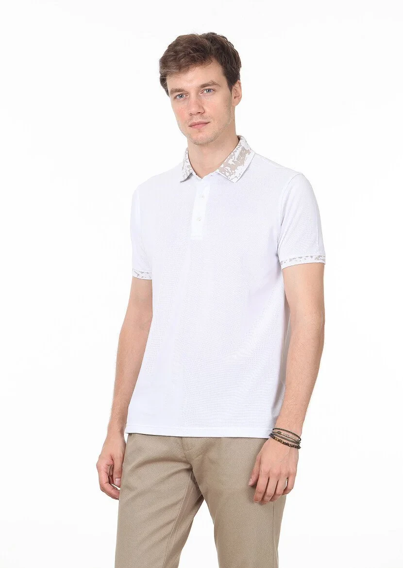 Beyaz Düz Polo Yaka %100 Pamuk T-Shirt - 1