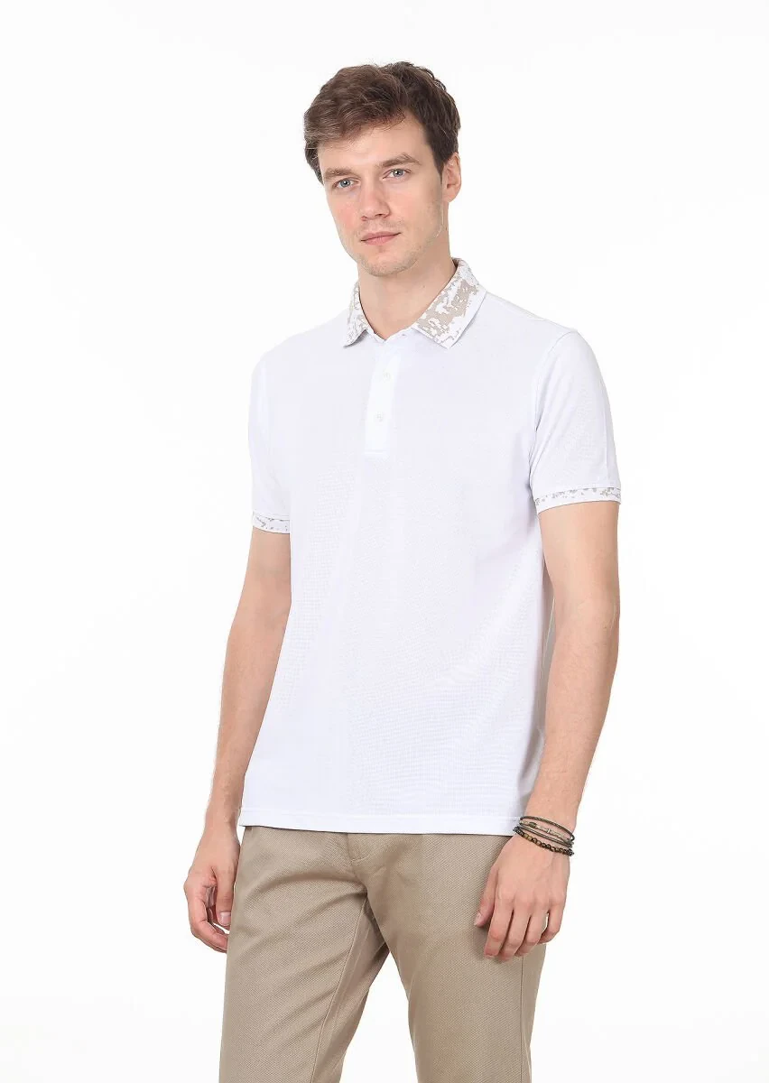 Beyaz Düz Polo Yaka %100 Pamuk T-Shirt - 1