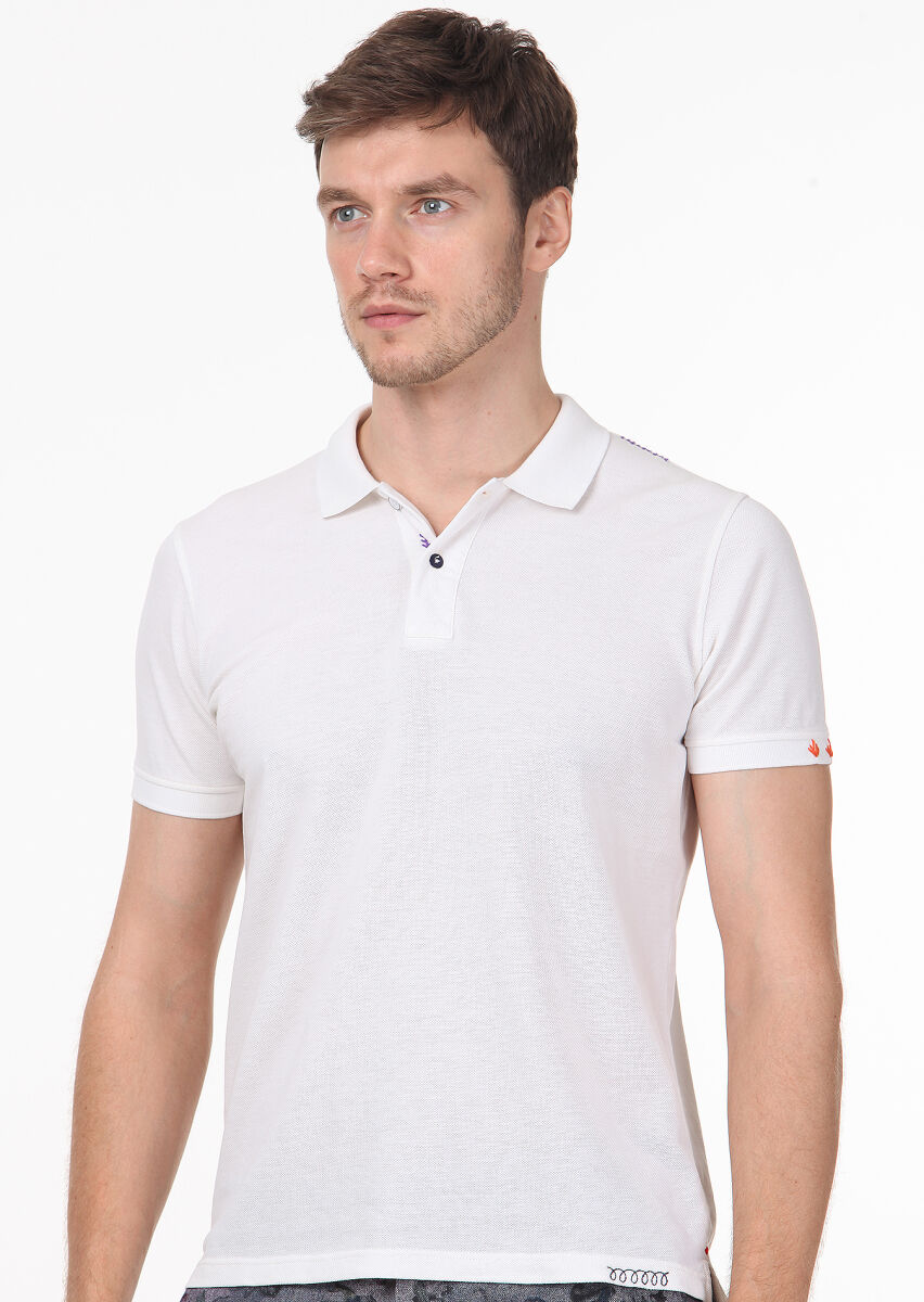 Beyaz Düz Polo Yaka %100 Pamuk T-Shirt - 2