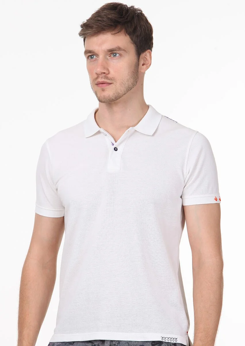 Beyaz Düz Polo Yaka %100 Pamuk T-Shirt - 2