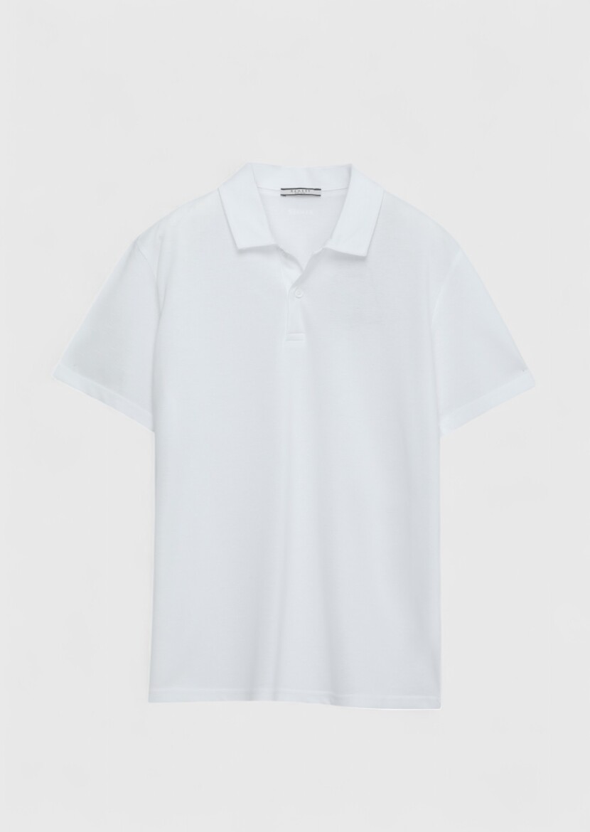 Beyaz Düz Polo Yaka %100 Pamuk T-Shirt - 1