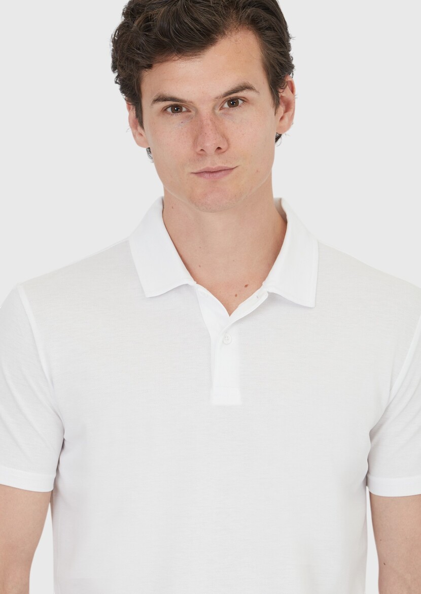 Beyaz Düz Polo Yaka %100 Pamuk T-Shirt - 3