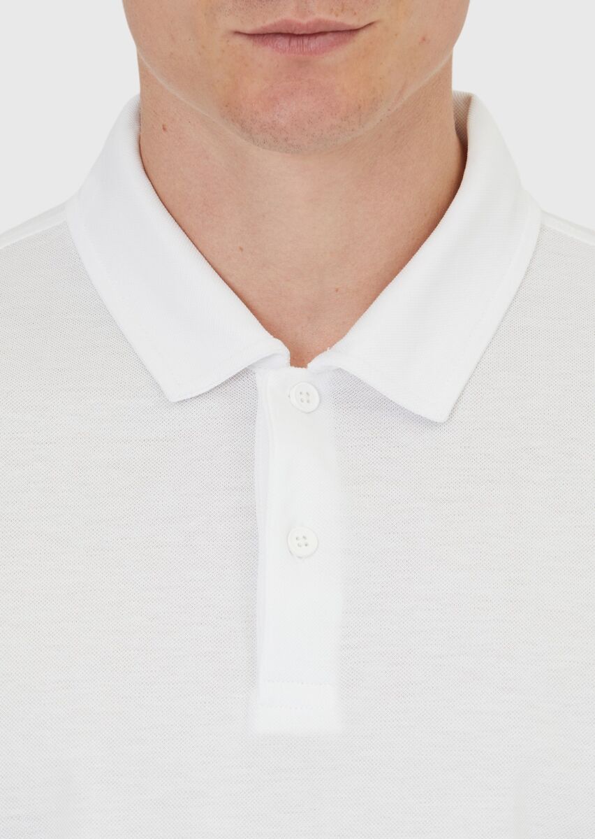 Beyaz Düz Polo Yaka %100 Pamuk T-Shirt - 4