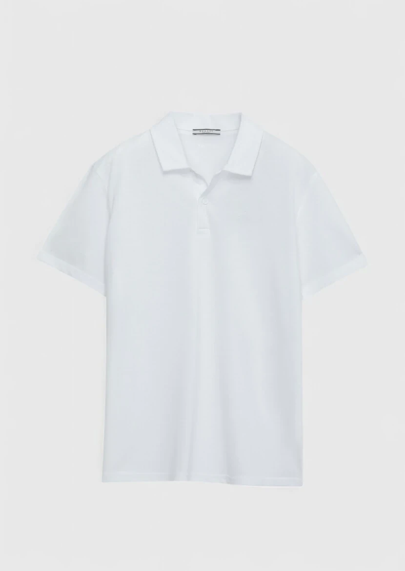 Beyaz Düz Polo Yaka %100 Pamuk T-Shirt 