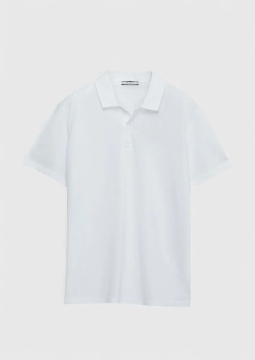 Beyaz Düz Polo Yaka %100 Pamuk T-Shirt - 1