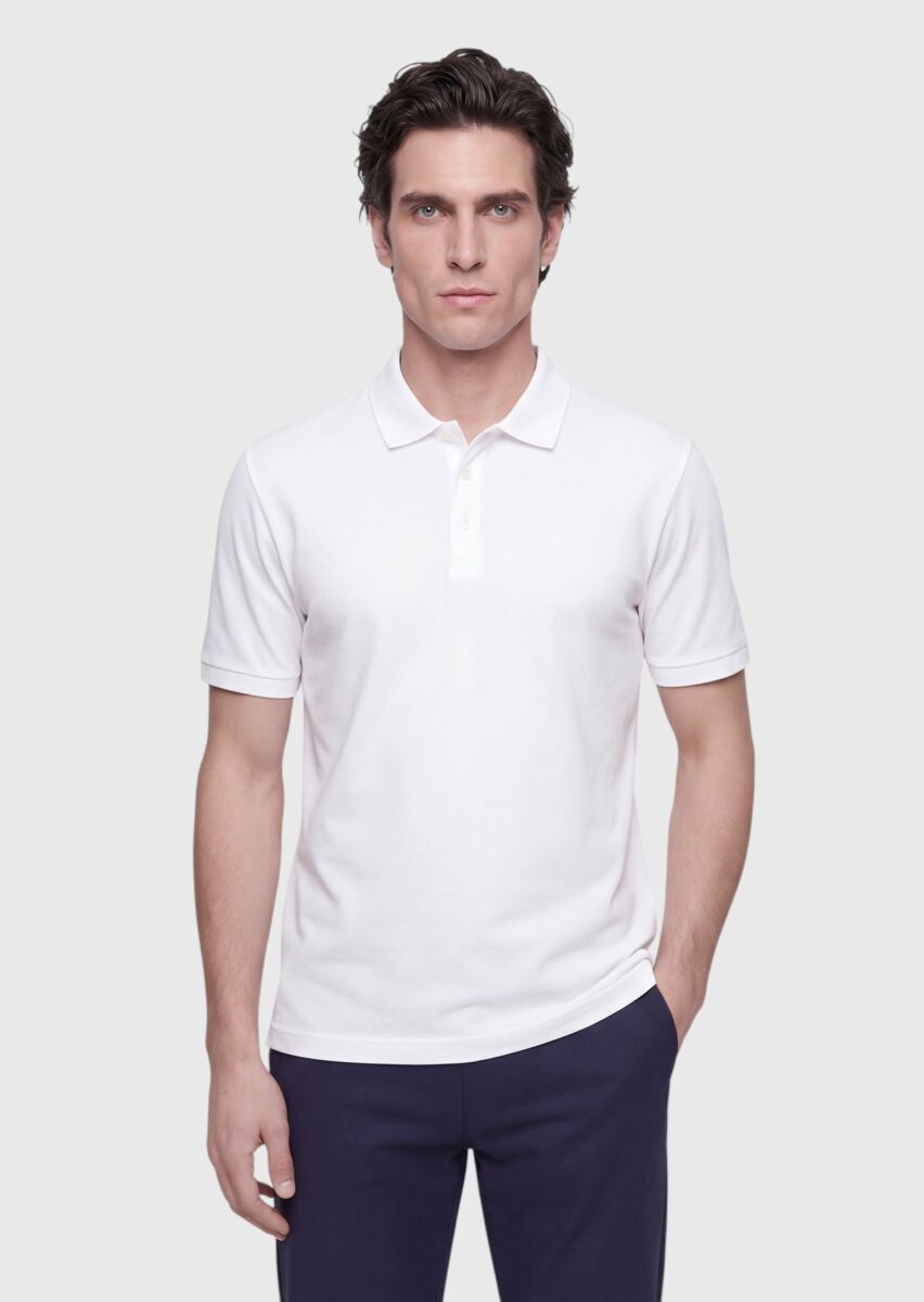 Beyaz Düz Polo Yaka %100 Pamuk T-Shirt - 1
