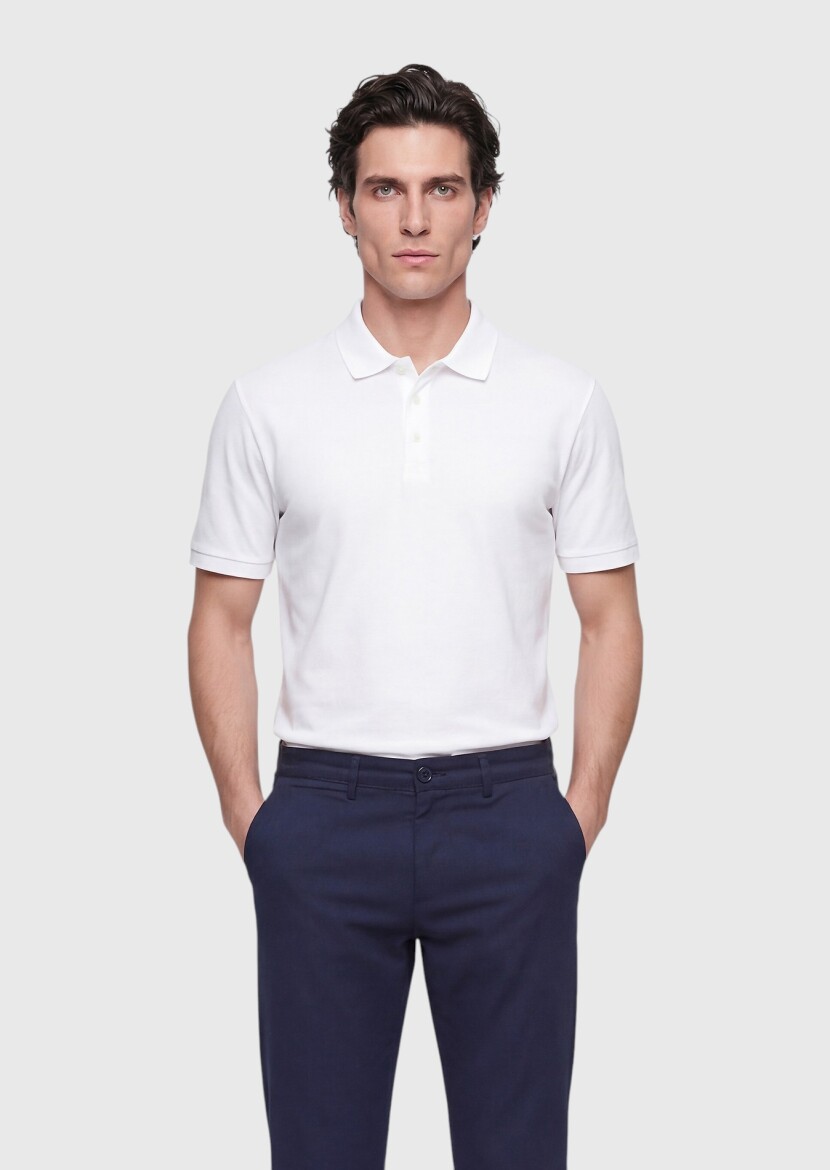 Beyaz Düz Polo Yaka %100 Pamuk T-Shirt - RAMSEY
