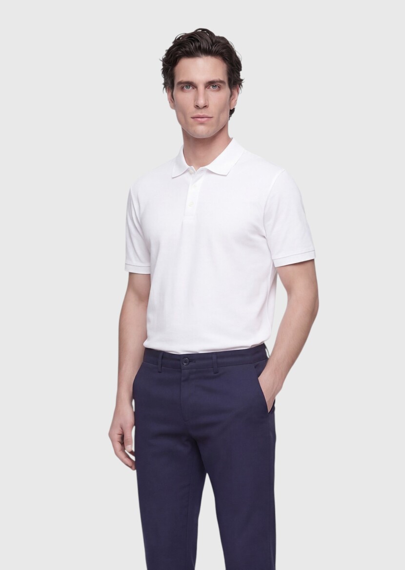 Beyaz Düz Polo Yaka %100 Pamuk T-Shirt - 4