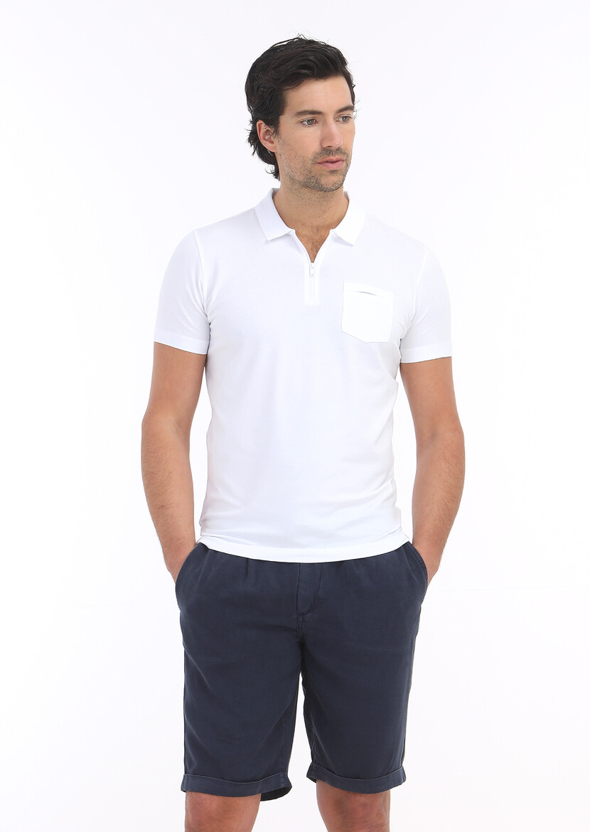 Beyaz Düz Polo Yaka Pamuk Karışımlı T-Shirt - 2