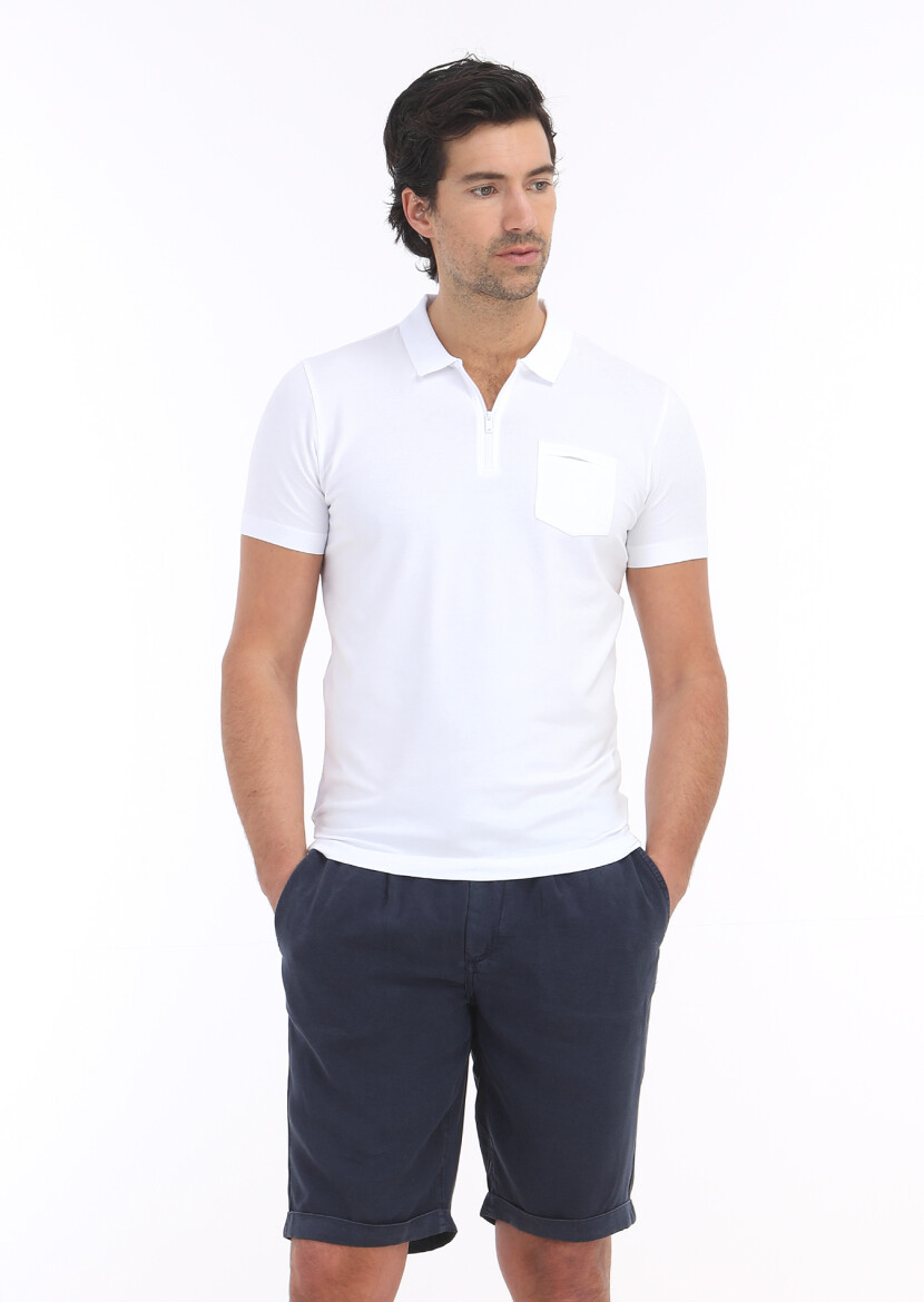 Beyaz Düz Polo Yaka Pamuk Karışımlı T-Shirt - 2