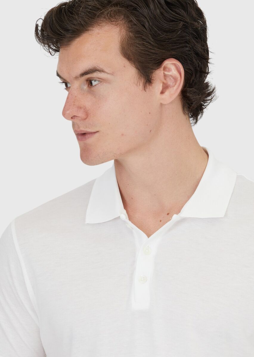 Beyaz Düz Polo Yaka Pamuk Karışımlı T-Shirt - 3