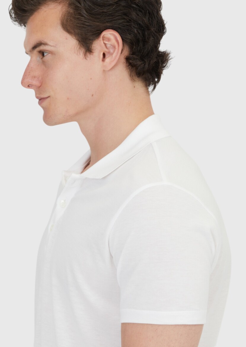 Beyaz Düz Polo Yaka Pamuk Karışımlı T-Shirt - 4