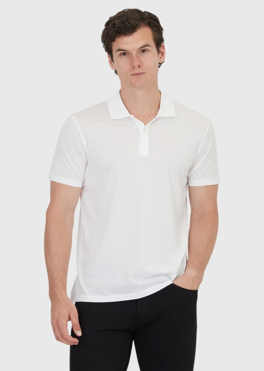 RAMSEY Beyaz Düz Polo Yaka Pamuk Karışımlı T-Shirt