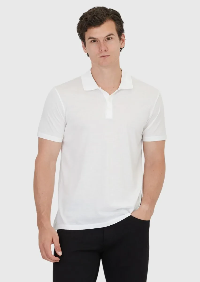 Beyaz Düz Polo Yaka Pamuk Karışımlı T-Shirt - 1