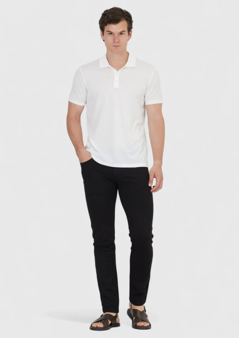 Beyaz Düz Polo Yaka Pamuk Karışımlı T-Shirt - 2