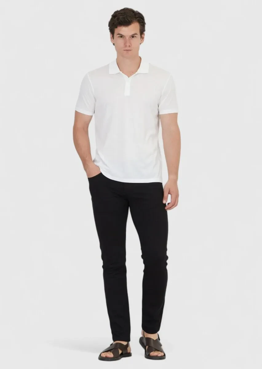 Beyaz Düz Polo Yaka Pamuk Karışımlı T-Shirt - 2