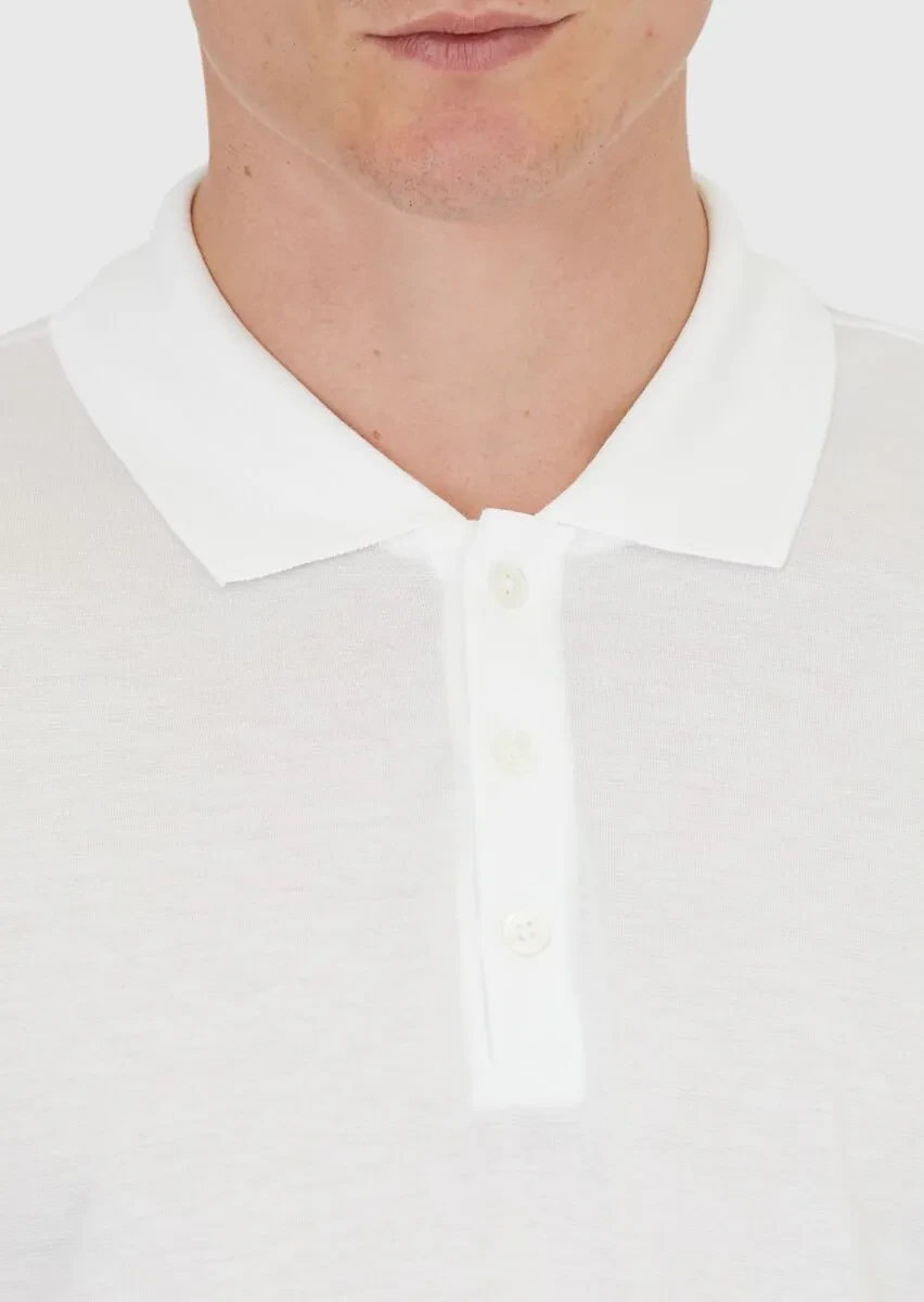 Beyaz Düz Polo Yaka Pamuk Karışımlı T-Shirt - 5