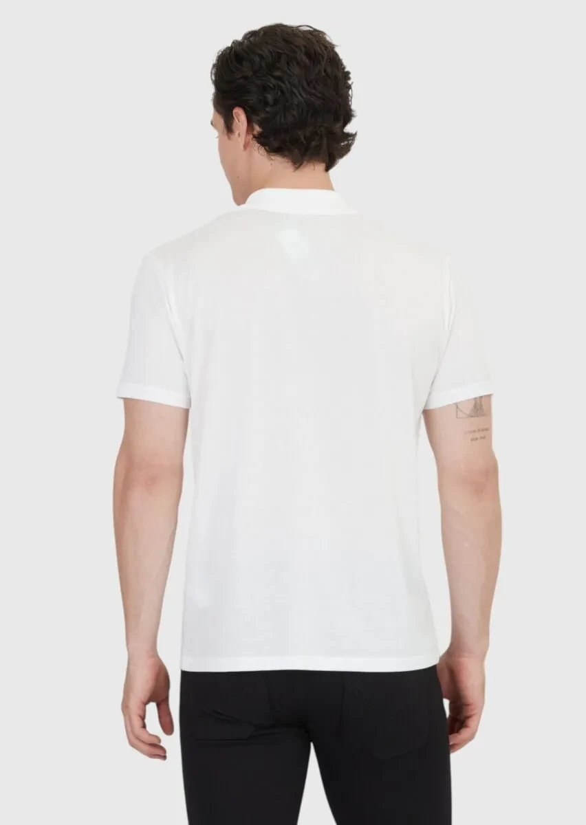 Beyaz Düz Polo Yaka Pamuk Karışımlı T-Shirt - 6