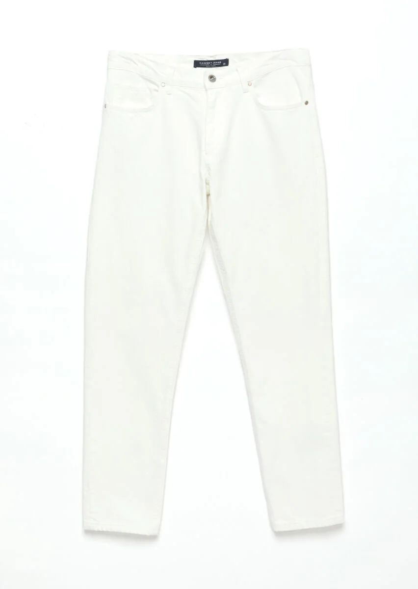 Beyaz Düz Regular Fit Denim %100 Pamuk Pantolon - 7