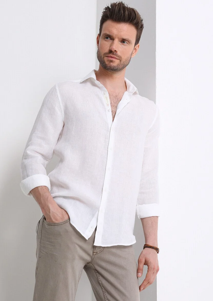 Beyaz Düz Regular Fit Dokuma Casual %100 Keten Gömlek 