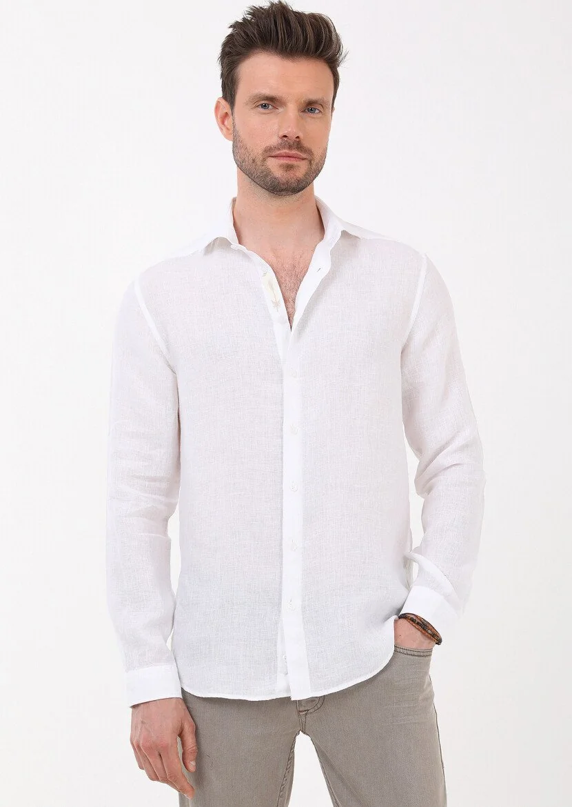 Beyaz Düz Regular Fit Dokuma Casual %100 Keten Gömlek 