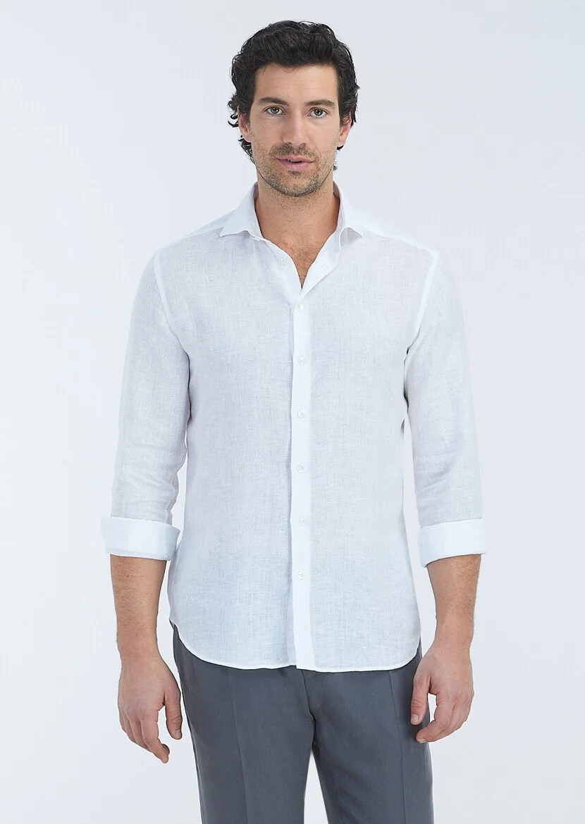 Beyaz Düz Regular Fit Dokuma Casual %100 Keten Gömlek 