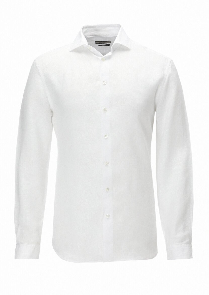 Beyaz Düz Regular Fit Dokuma Casual %100 Keten Gömlek - 6