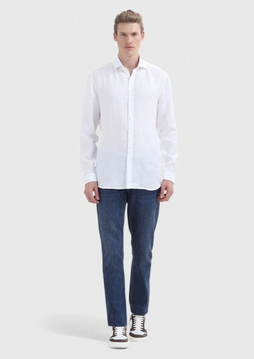 Beyaz Düz Regular Fit Dokuma Casual %100 Keten Gömlek - 1