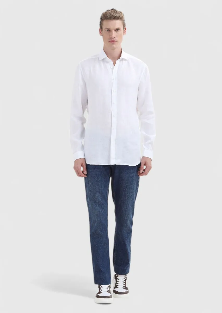 Beyaz Düz Regular Fit Dokuma Casual %100 Keten Gömlek - 1