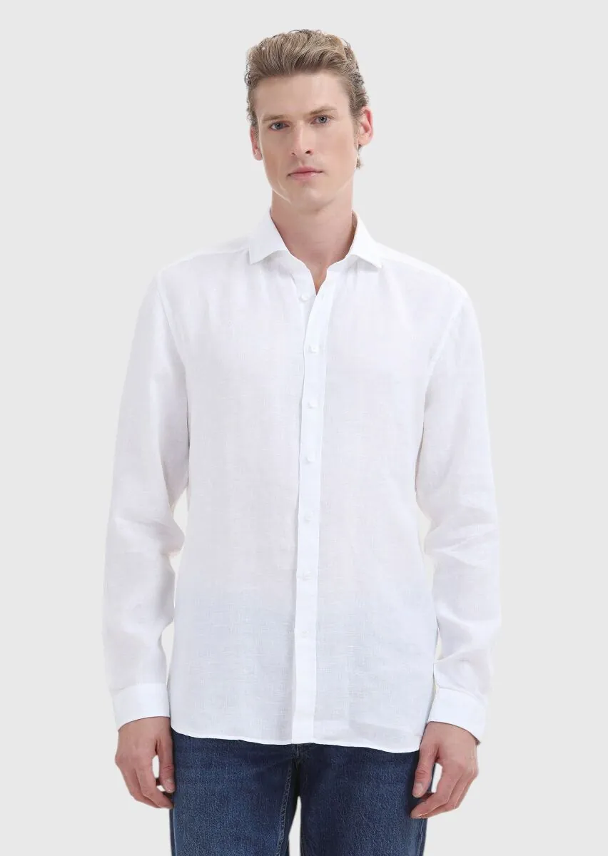 Beyaz Düz Regular Fit Dokuma Casual %100 Keten Gömlek - 2