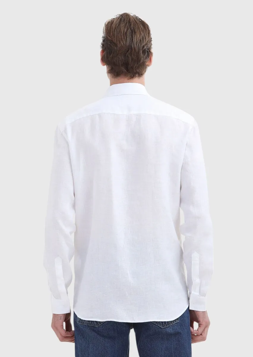 Beyaz Düz Regular Fit Dokuma Casual %100 Keten Gömlek - 4