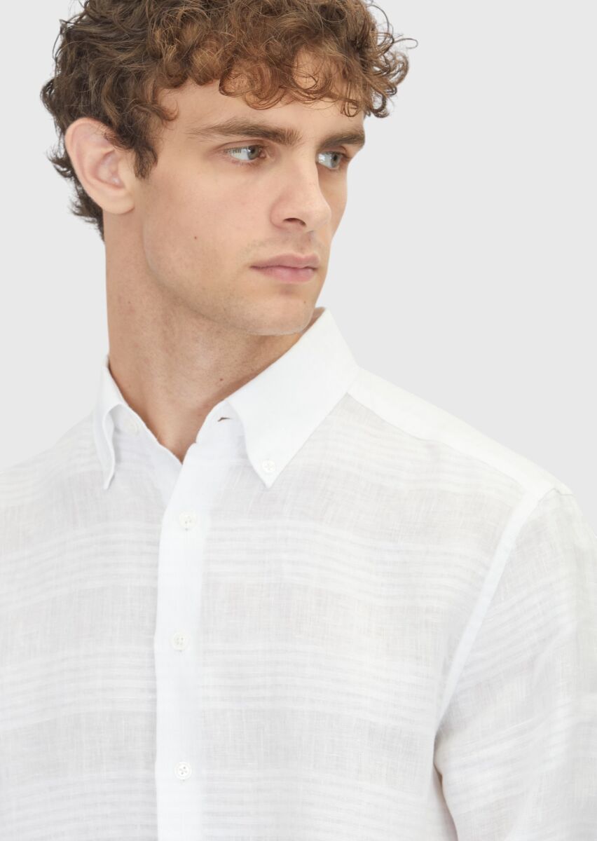 Beyaz Düz Regular Fit Dokuma Casual %100 Keten Gömlek - 4