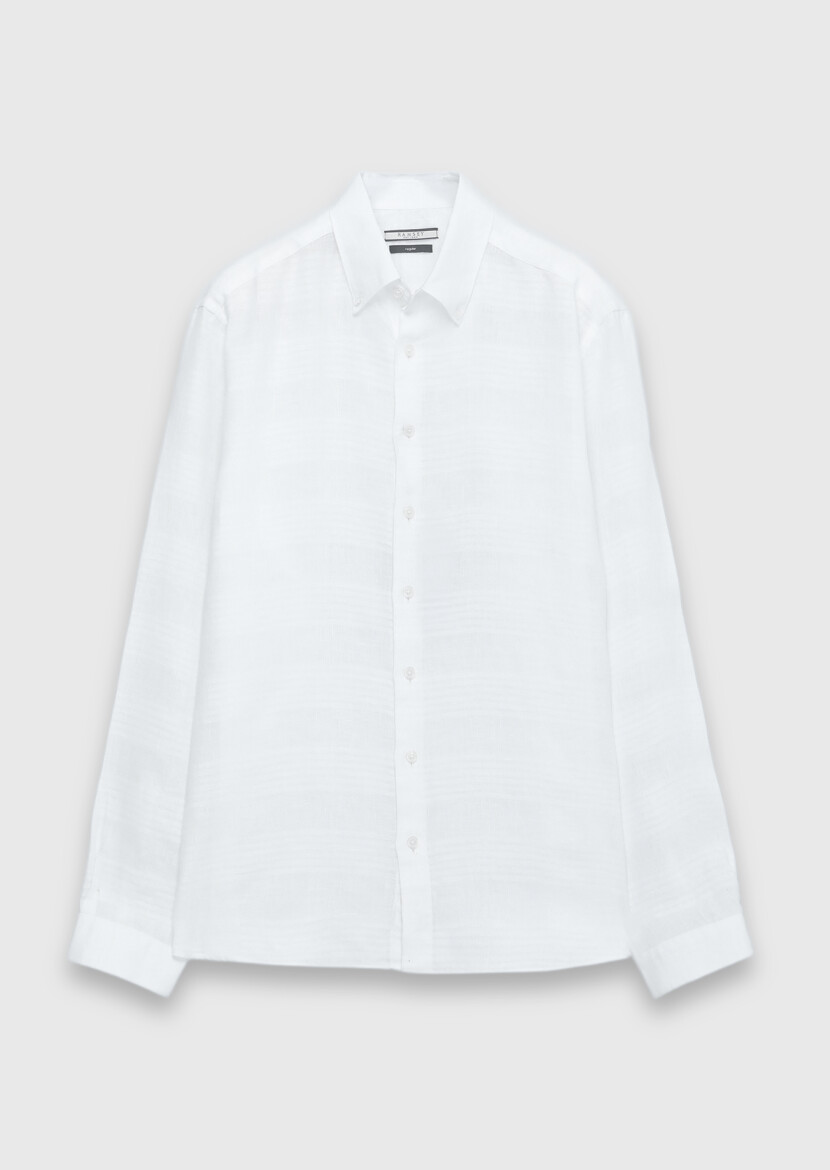 Beyaz Düz Regular Fit Dokuma Casual %100 Keten Gömlek - 7