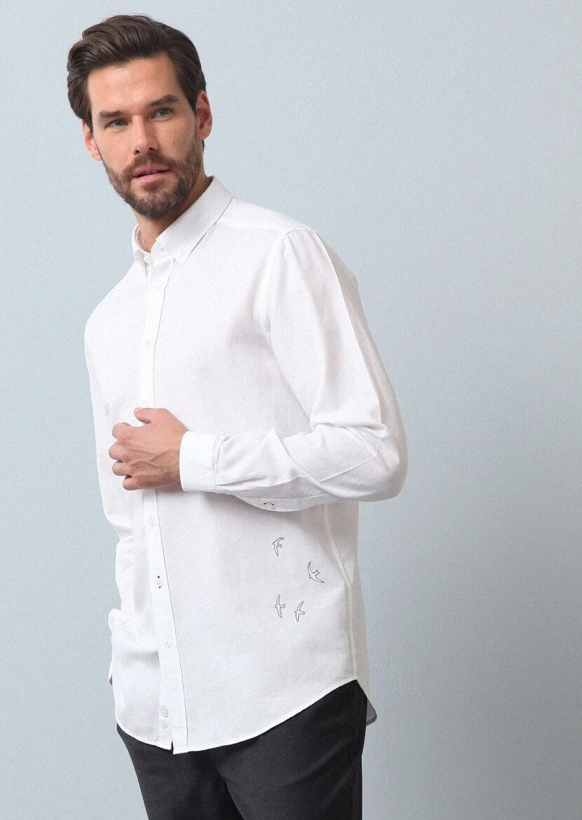 Beyaz Düz Regular Fit Dokuma Casual %100 Pamuk Gömlek - 4