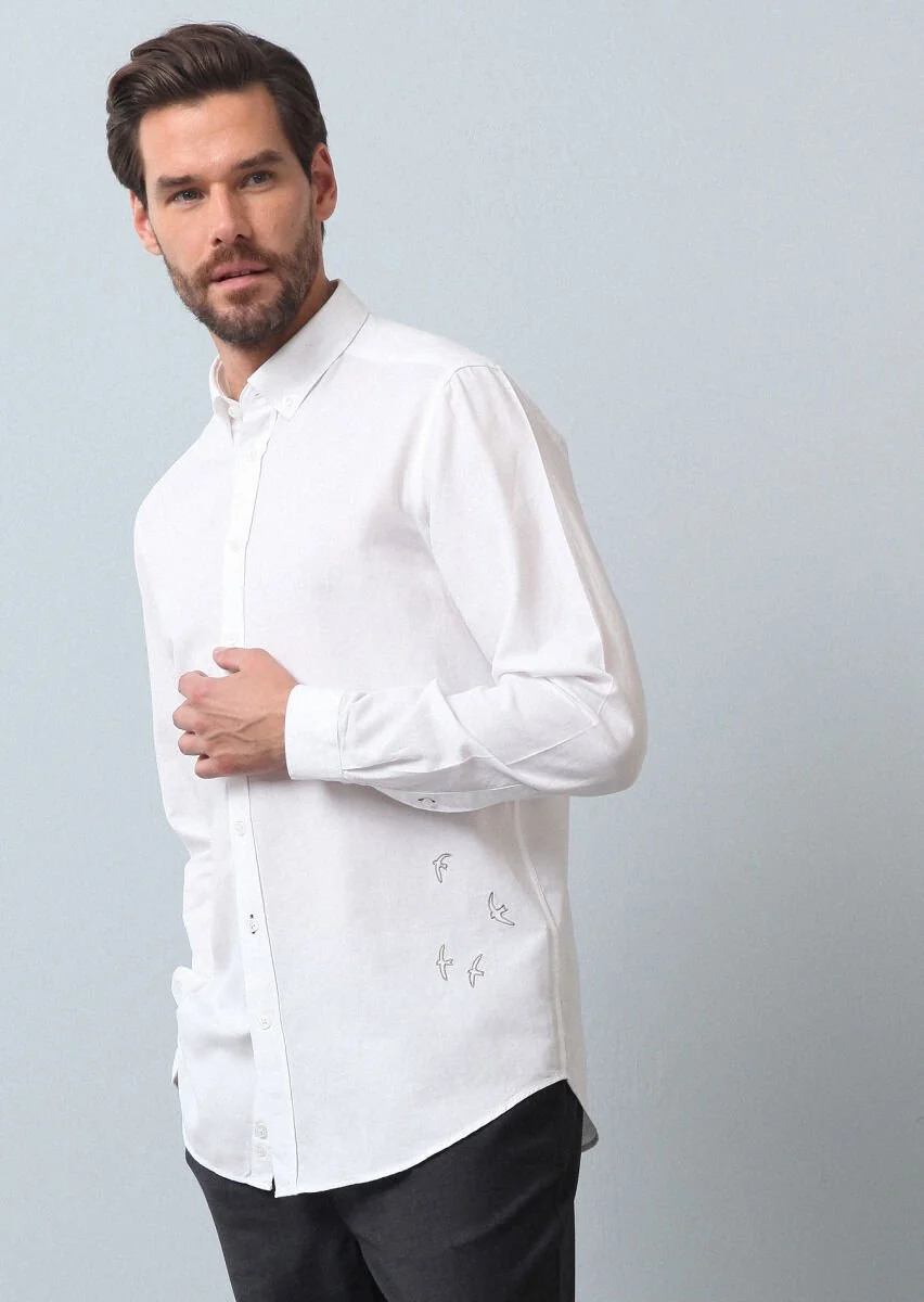 Beyaz Düz Regular Fit Dokuma Casual %100 Pamuk Gömlek - 4