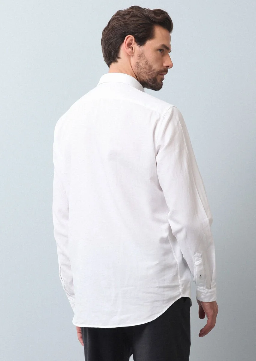 Beyaz Düz Regular Fit Dokuma Casual %100 Pamuk Gömlek - 5