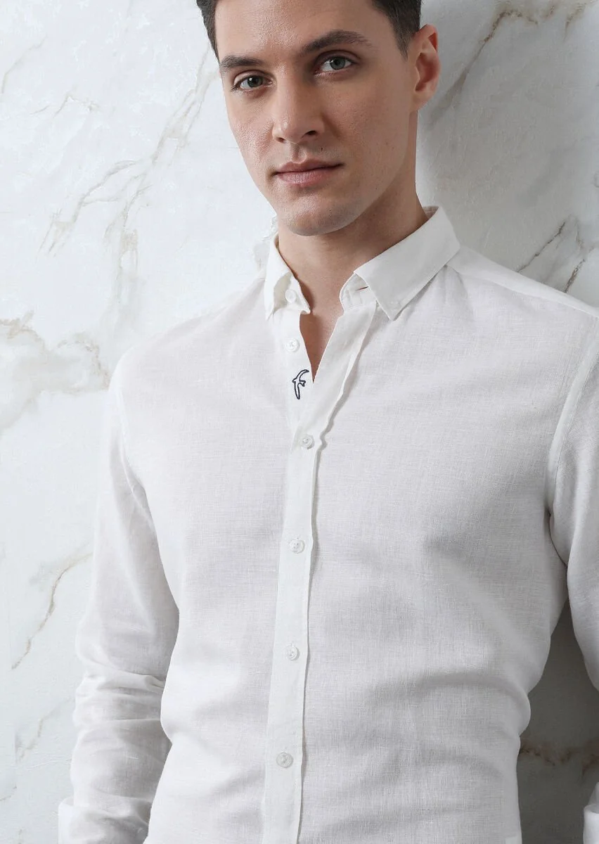 Beyaz Düz Regular Fit Dokuma Casual Pamuk Karışımlı Gömlek - 3