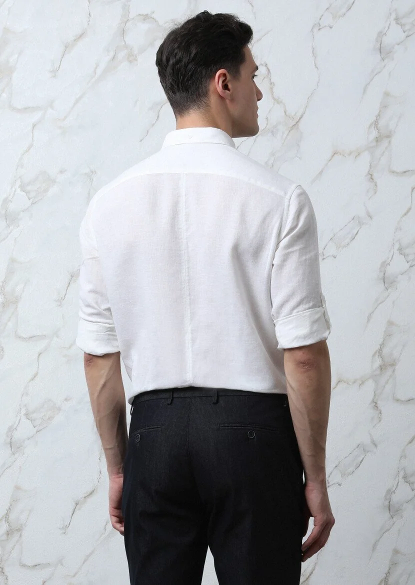 Beyaz Düz Regular Fit Dokuma Casual Pamuk Karışımlı Gömlek - 5