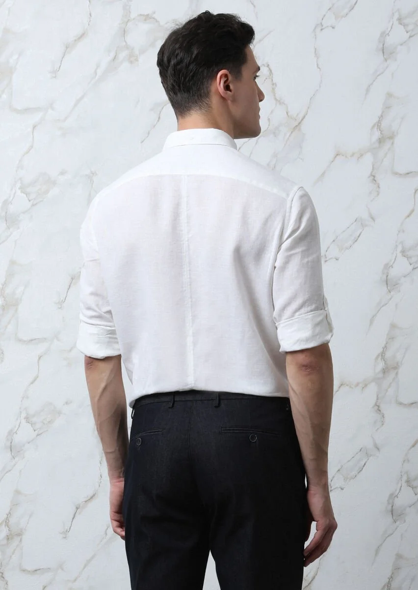 Beyaz Düz Regular Fit Dokuma Casual Pamuk Karışımlı Gömlek - 5