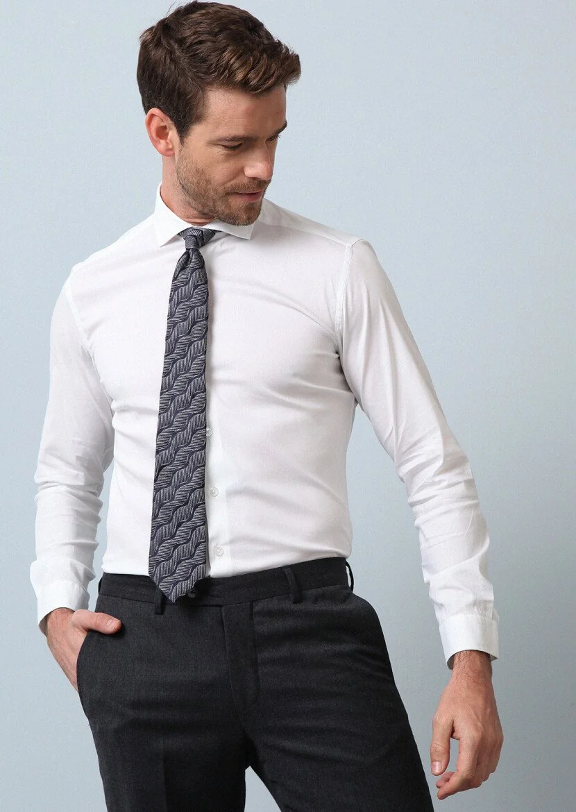 Beyaz Düz Regular Fit Dokuma Casual Pamuk Karışımlı Gömlek - 4