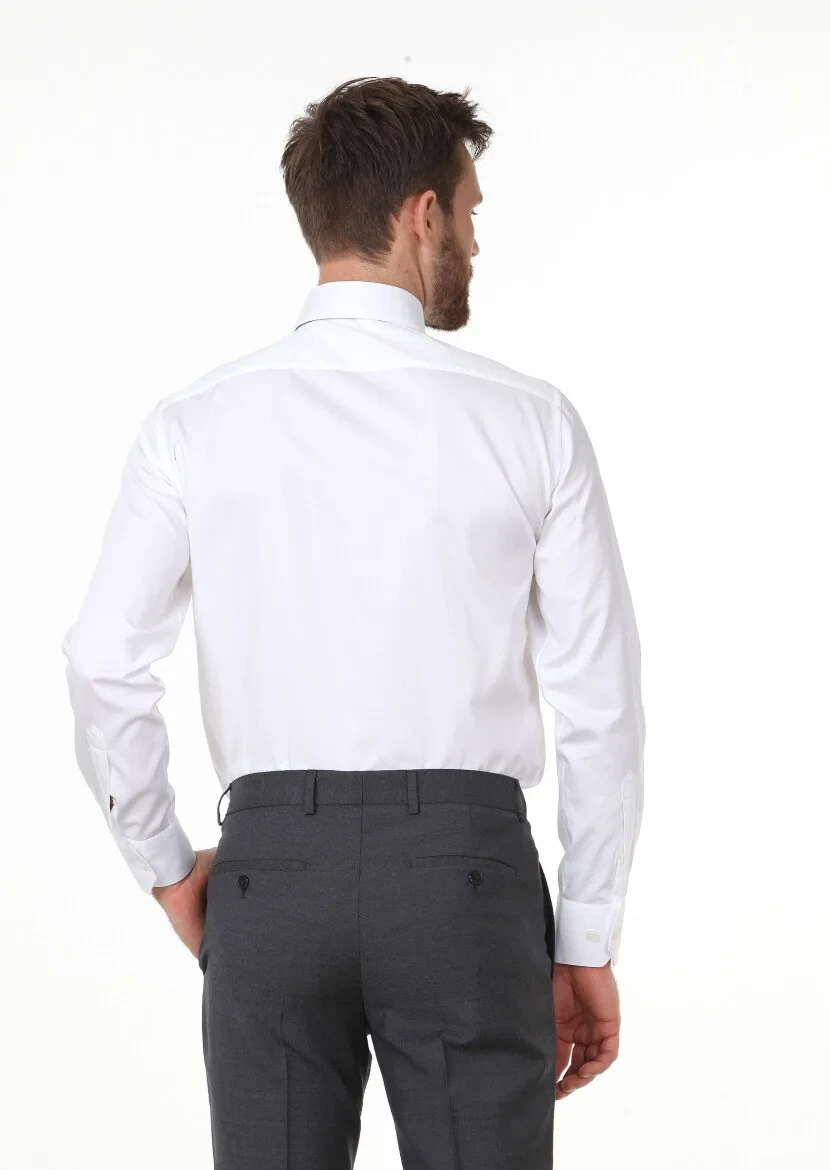 Beyaz Düz Regular Fit Dokuma Klasik %100 Pamuk Gömlek - 4