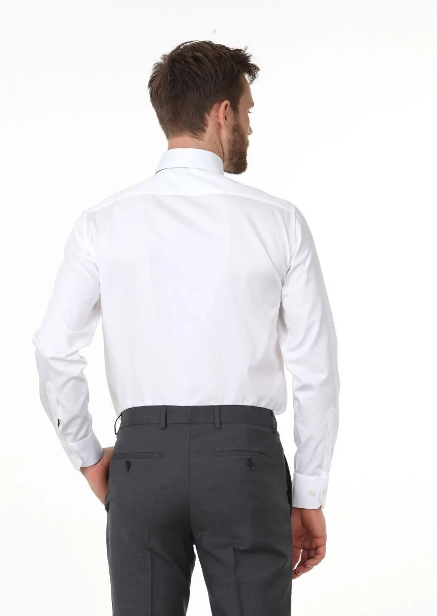 Beyaz Düz Regular Fit Dokuma Klasik %100 Pamuk Gömlek - 4